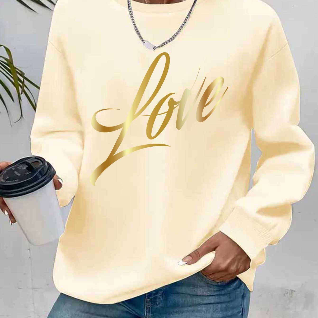 Casual Crew Neck Sweatshirt With Love Letter Graphic Print