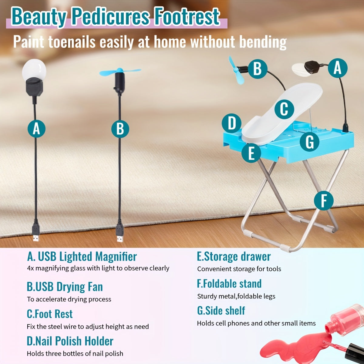 1pc ABS Adjustable Pedicure Stool With LED Magnifier, Drying Fan & Built-in Storage-with 16/19pcs Nail Tools, Home Nail Pedal, Suitable For Trimming Nails, Polishing Nails, Perfect Footrest For Easy At-Home Pedicures, Ideal G