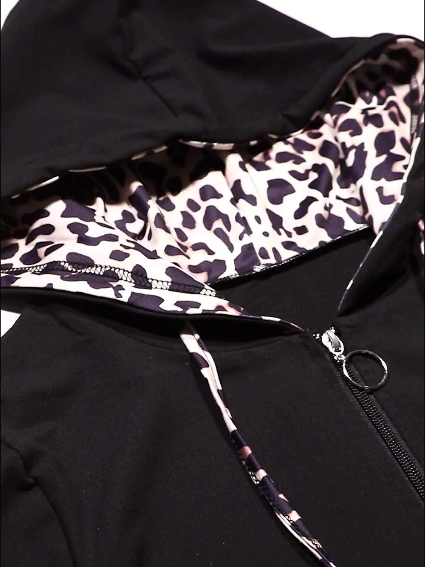 Elegant Leopard Print Two Piece Set With Zip Up Hoodie