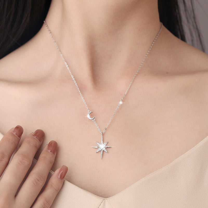 Moissanite S925 Silver Womens Eight Pointed Star Necklace