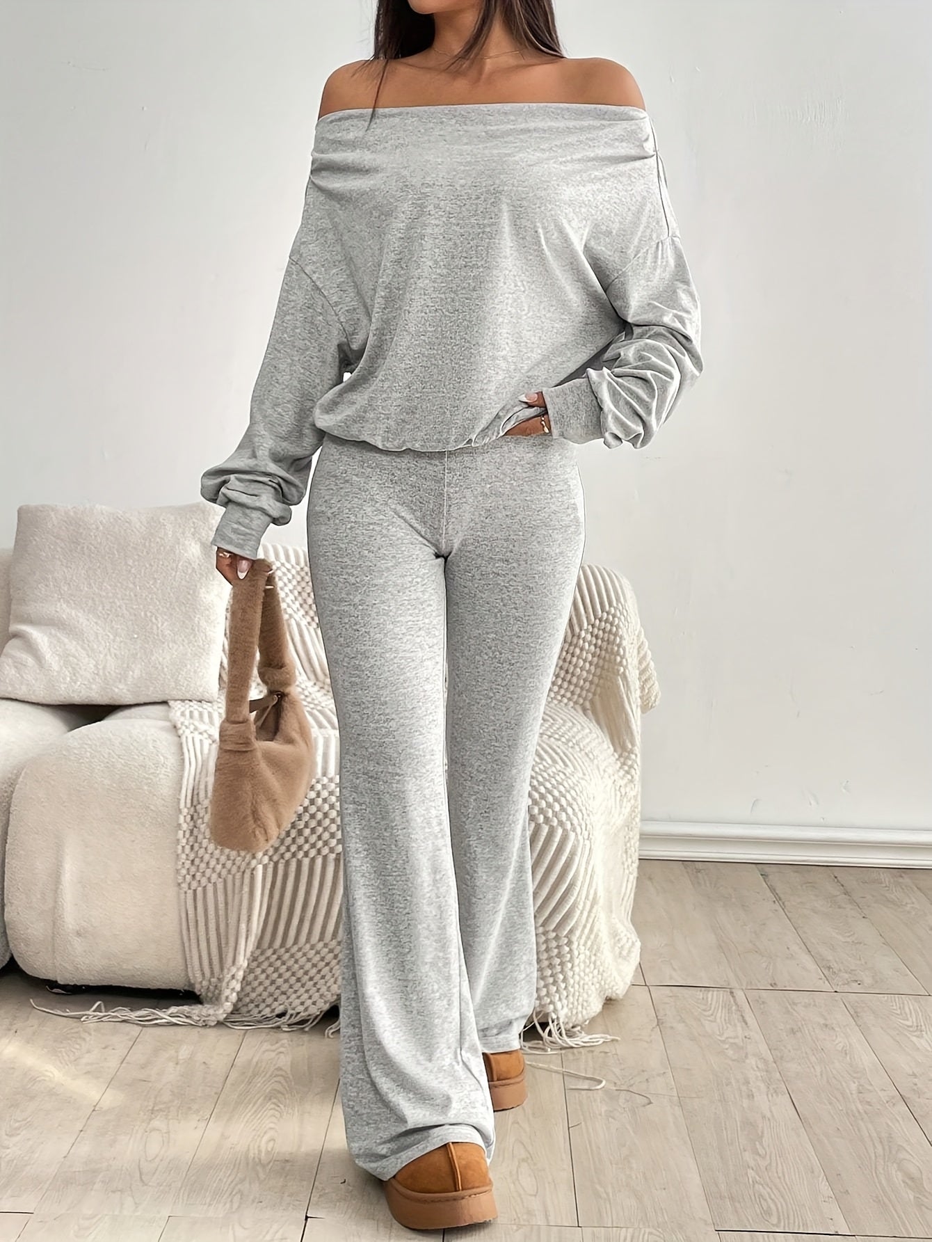 Off-Shoulder Long Sleeve Crop Top And Flared Pants Set