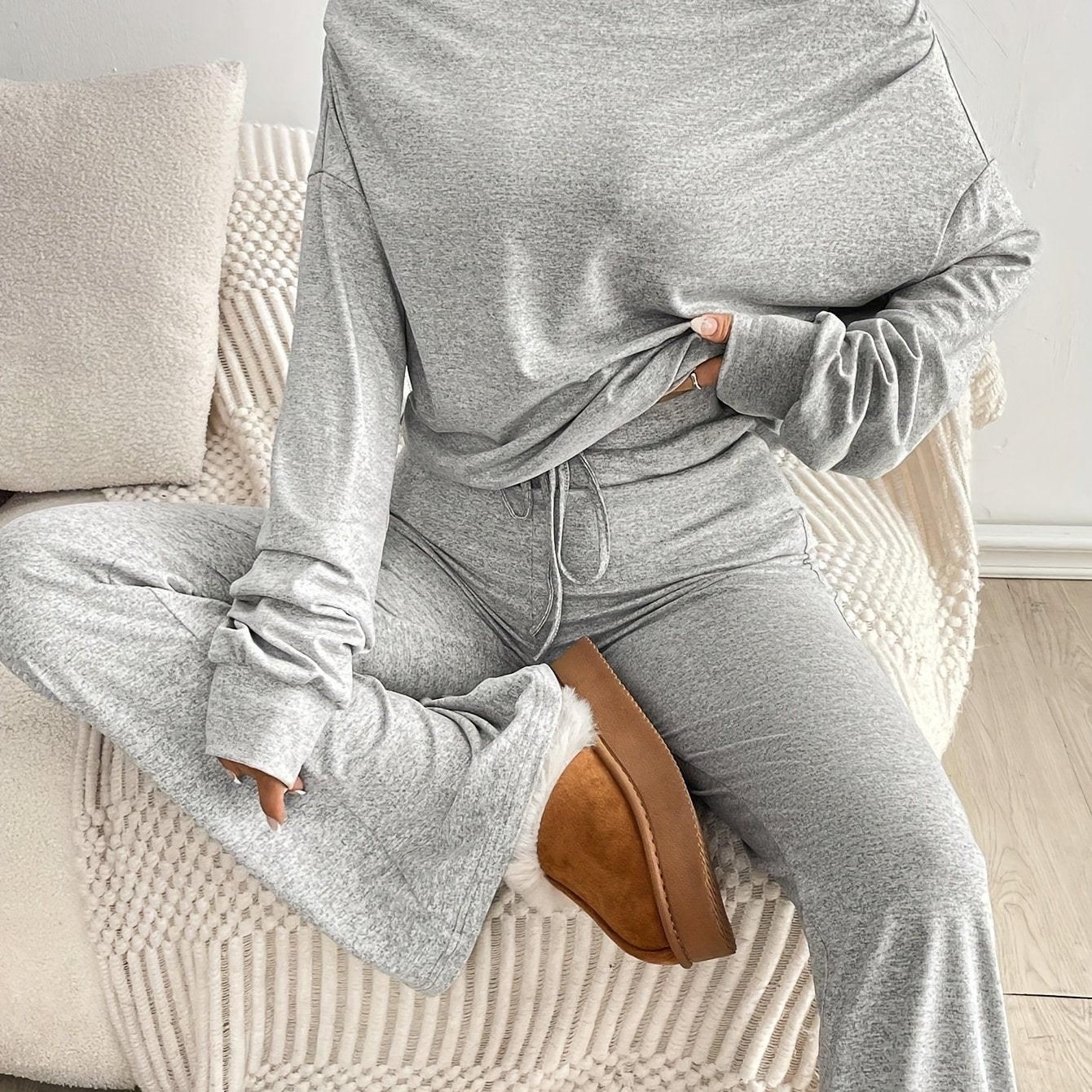 Off-Shoulder Long Sleeve Crop Top And Flared Pants Set