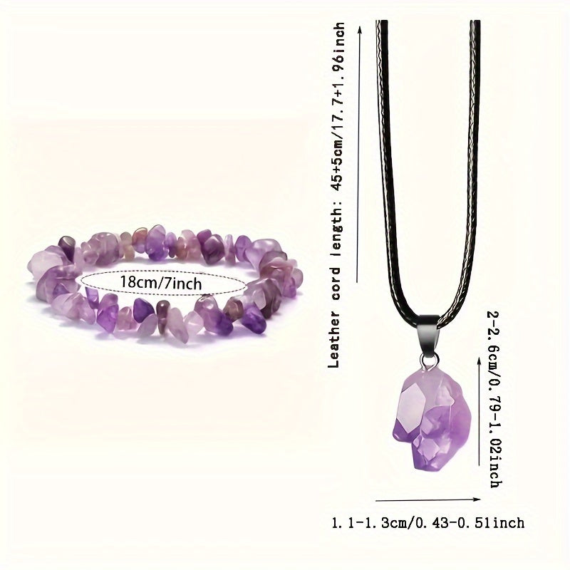 Natural Amethyst Pendant Necklace and Crushed Stone Bracelet Set