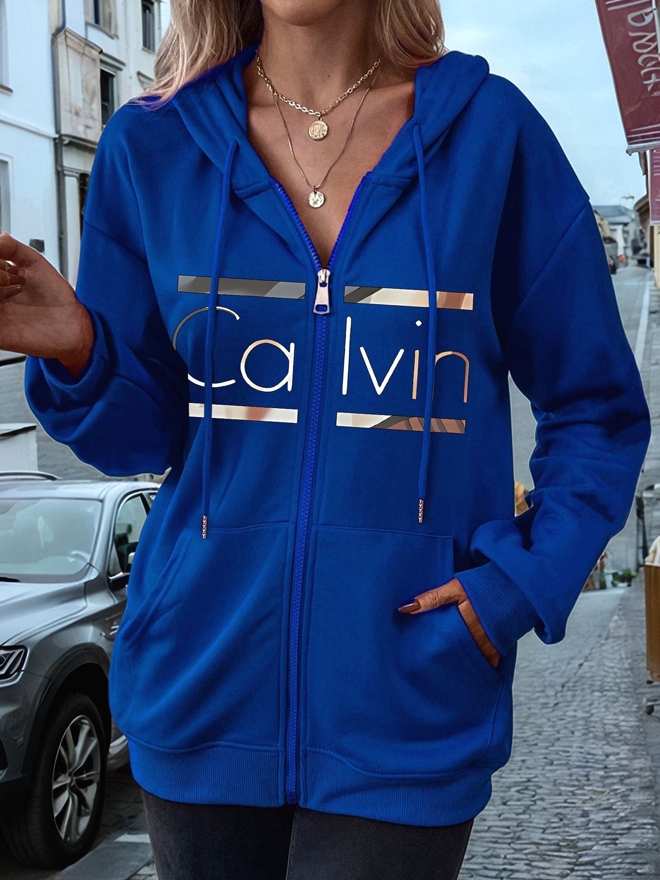 Letter Print Hooded Long Sleeve Zip Sweater For Women