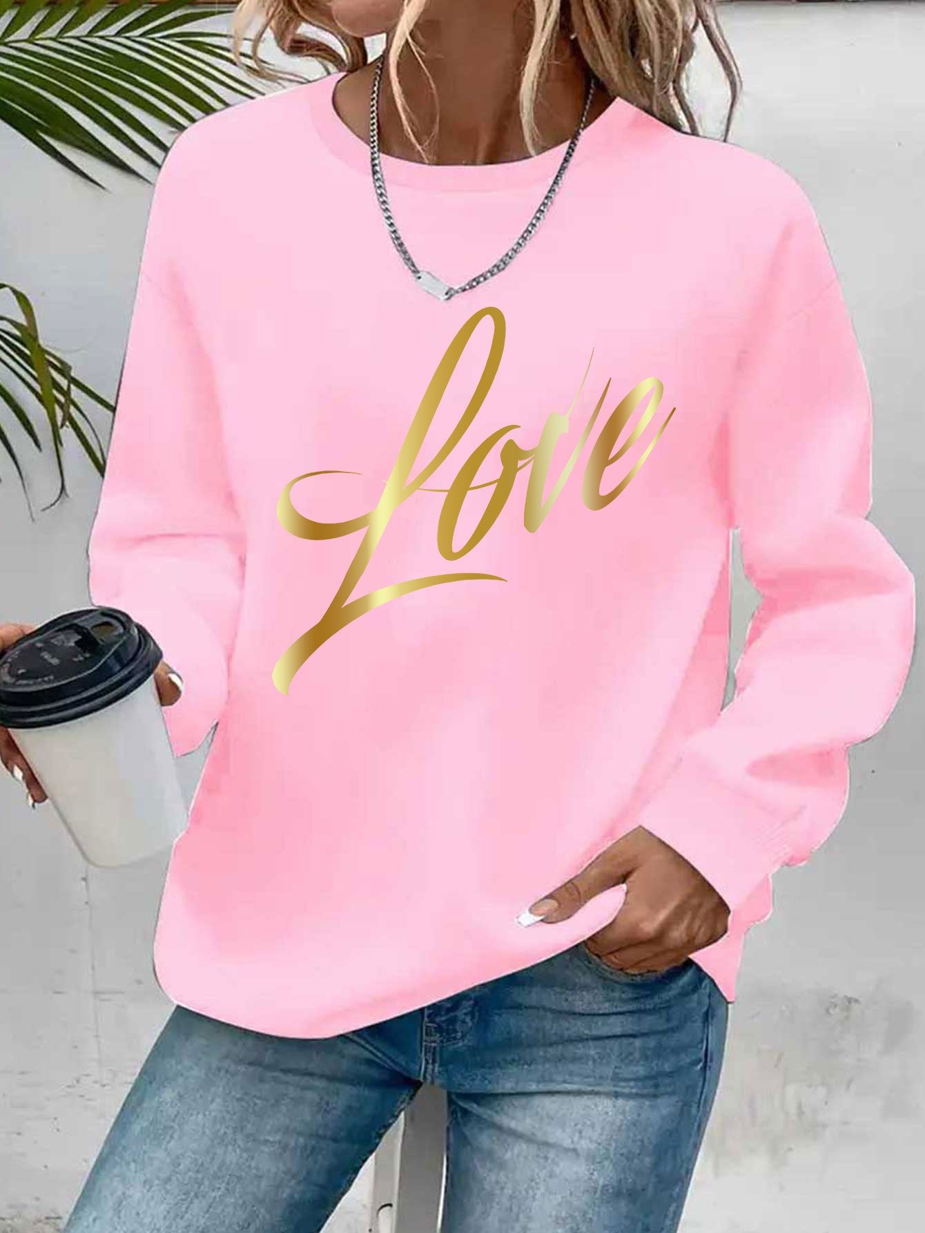 Casual Crew Neck Sweatshirt With Love Letter Graphic Print