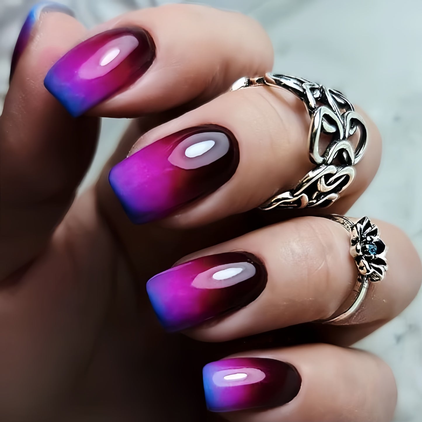 216pcs (9PACK)Pressing Nail Set - Medium Square, Glossy Surface, Striped and Gradient Design, Available in Brown, Blue, Purple Colors - Reusable Fake Nails, Suitable for Fashionable Nail Art Matching