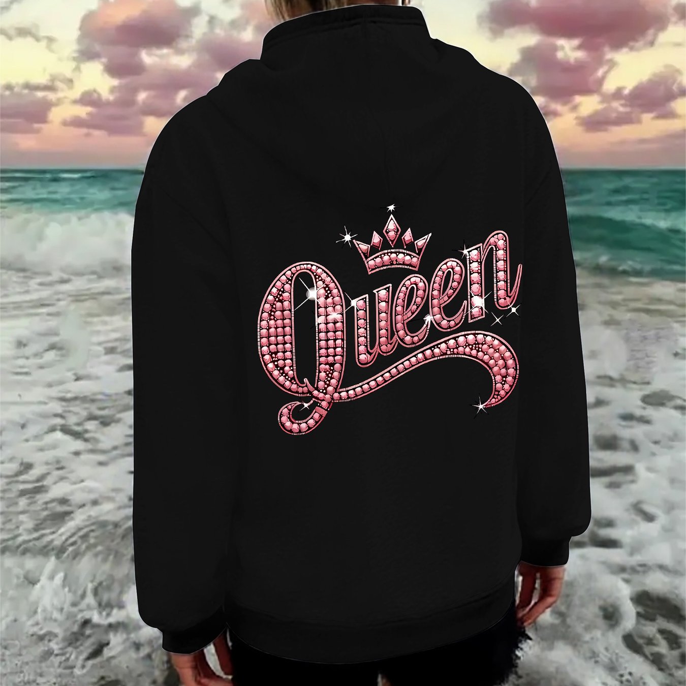 Pink Queen Graphic Hoodie Zipper Jacket Rhinestone Letters