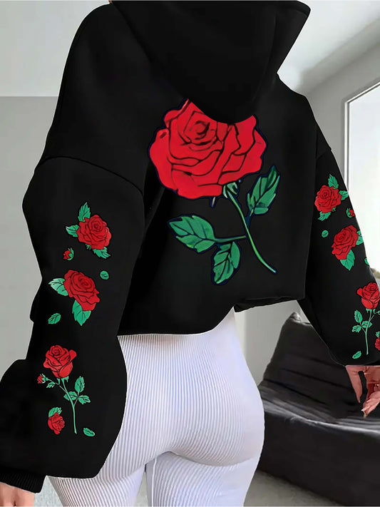 Floral Rose Graphic Hooded Sweatshirt For Women All Season