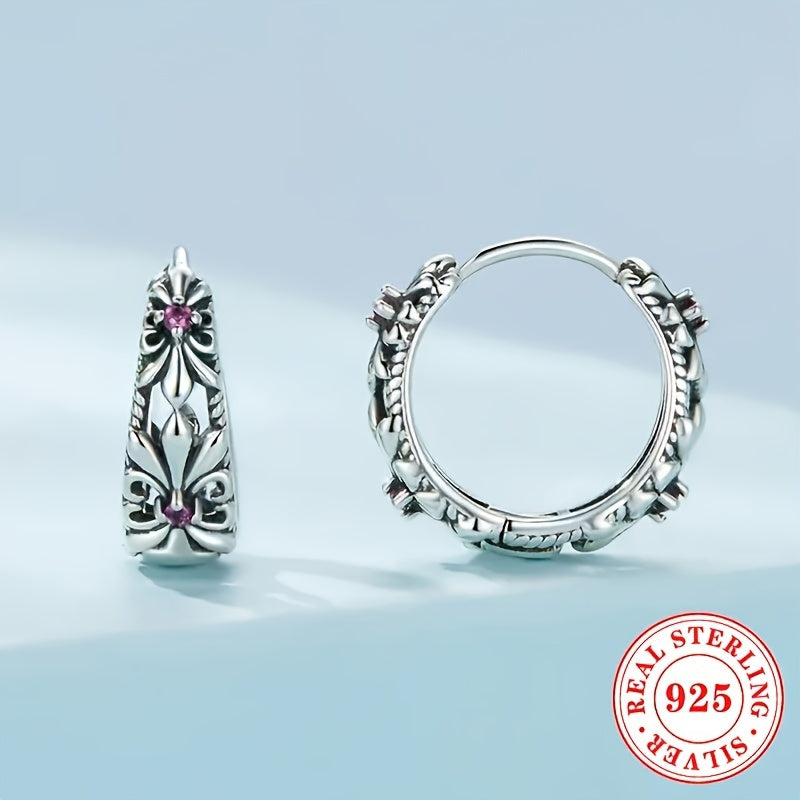 Bohemian Style Flower Inlaid Sterling Silver Hoop Earrings