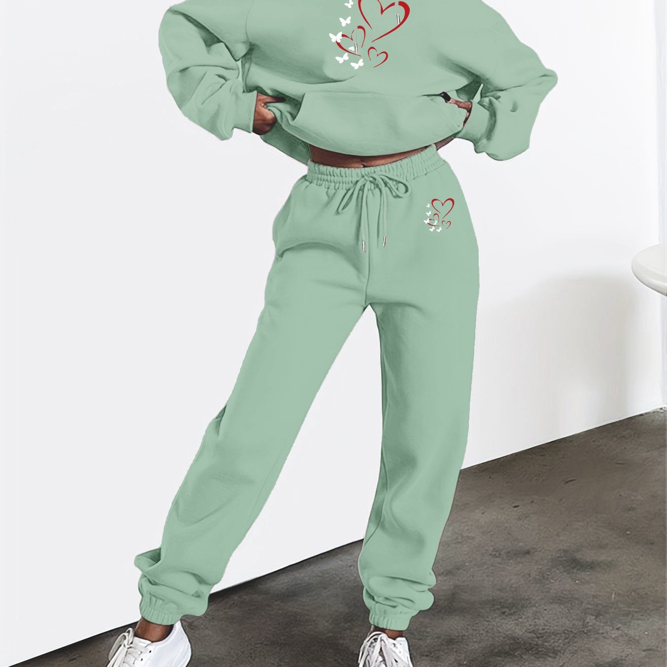 Heart And Butterfly Print Hooded Sweatshirt And Pants Set
