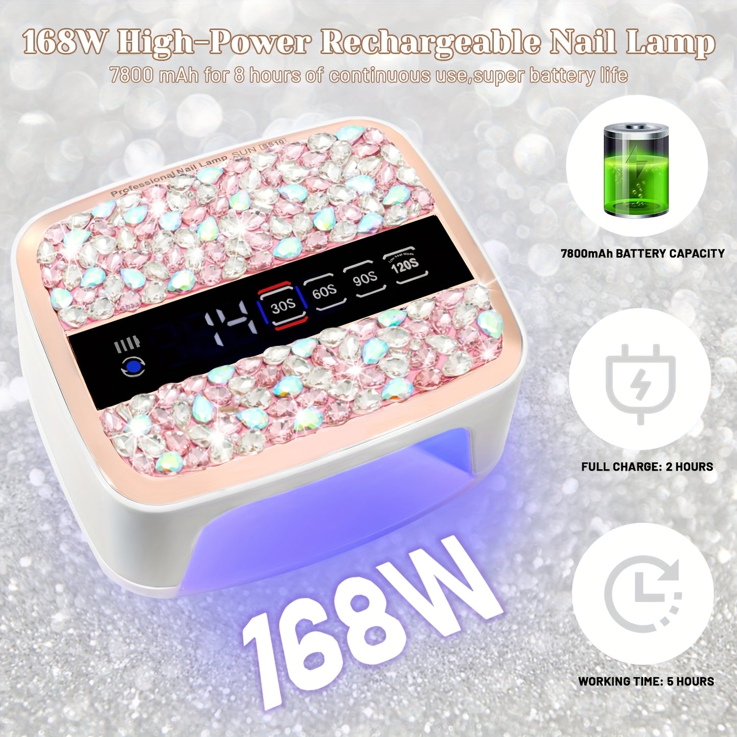 Portable UV LED Nail Lamp with Sparkling Pink Rhinestones