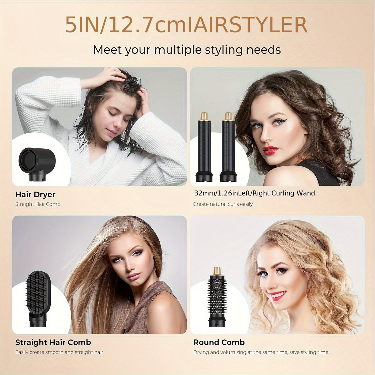 Blow Dryer Brush 5in 1, Negative Ion Hair Dryer Brush Set Air Styler Curling Wrap Air Curler, Upgrade Hot Air Brush Curling Iron Hair Styling Tools As A Gift for Straight/Curl/Drying/Smoothing,  Multifunctional Styler, Lightw