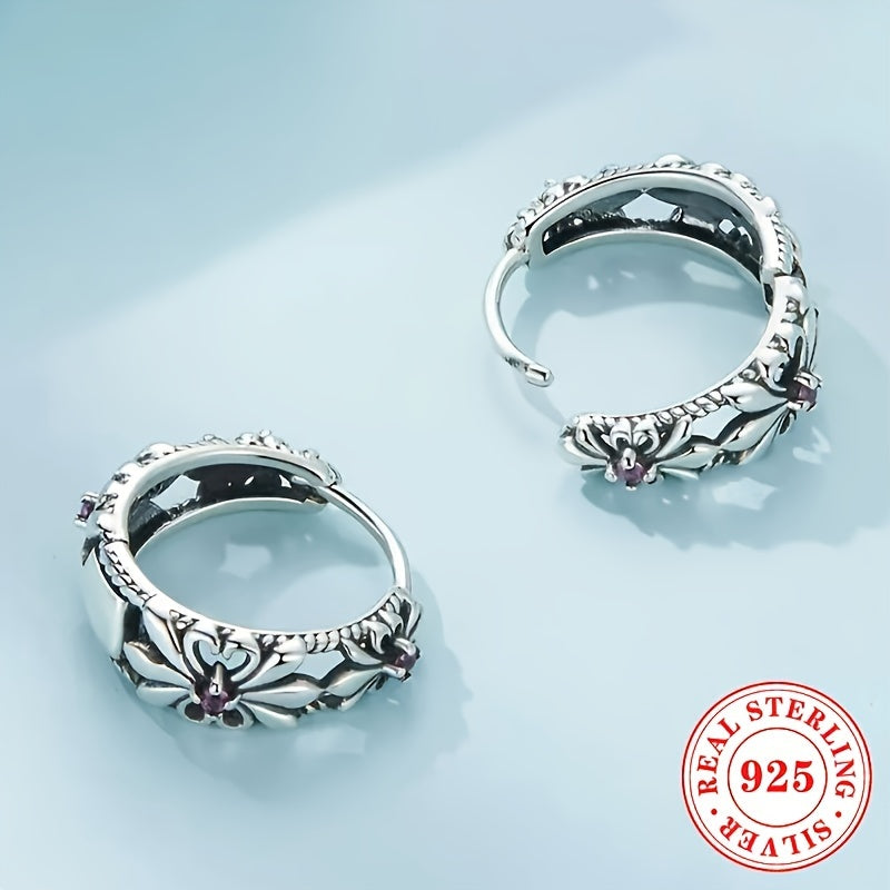 Bohemian Style Flower Inlaid Sterling Silver Hoop Earrings