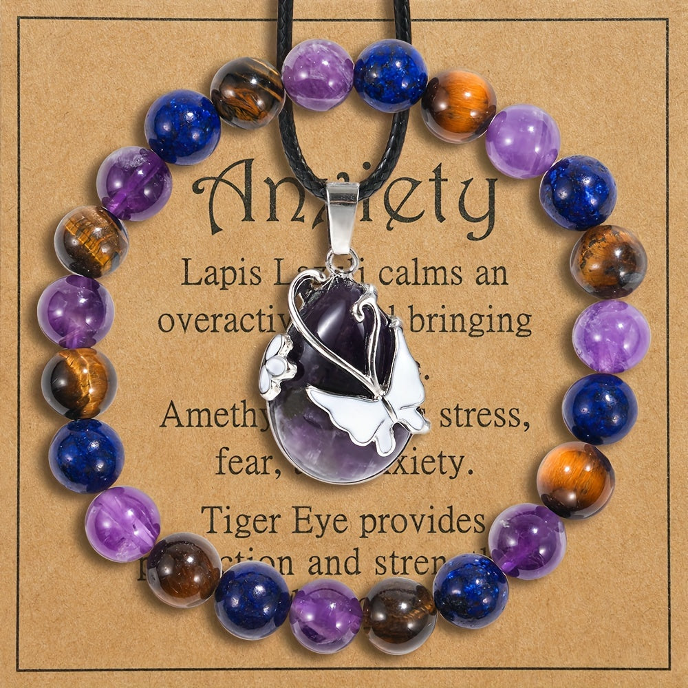 Gemstone Bracelet and Amethyst Butterfly Pendant Necklace Jewelry Set