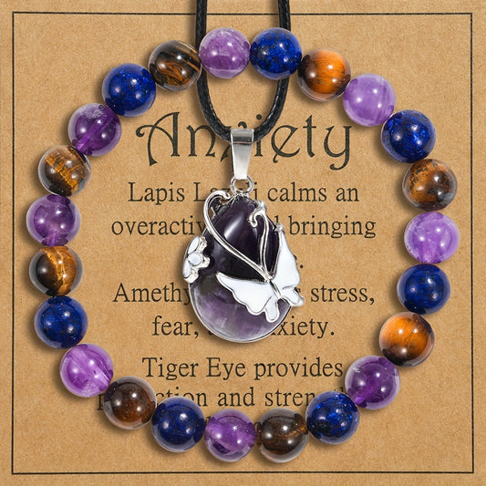Gemstone Bracelet and Amethyst Butterfly Pendant Necklace Jewelry Set