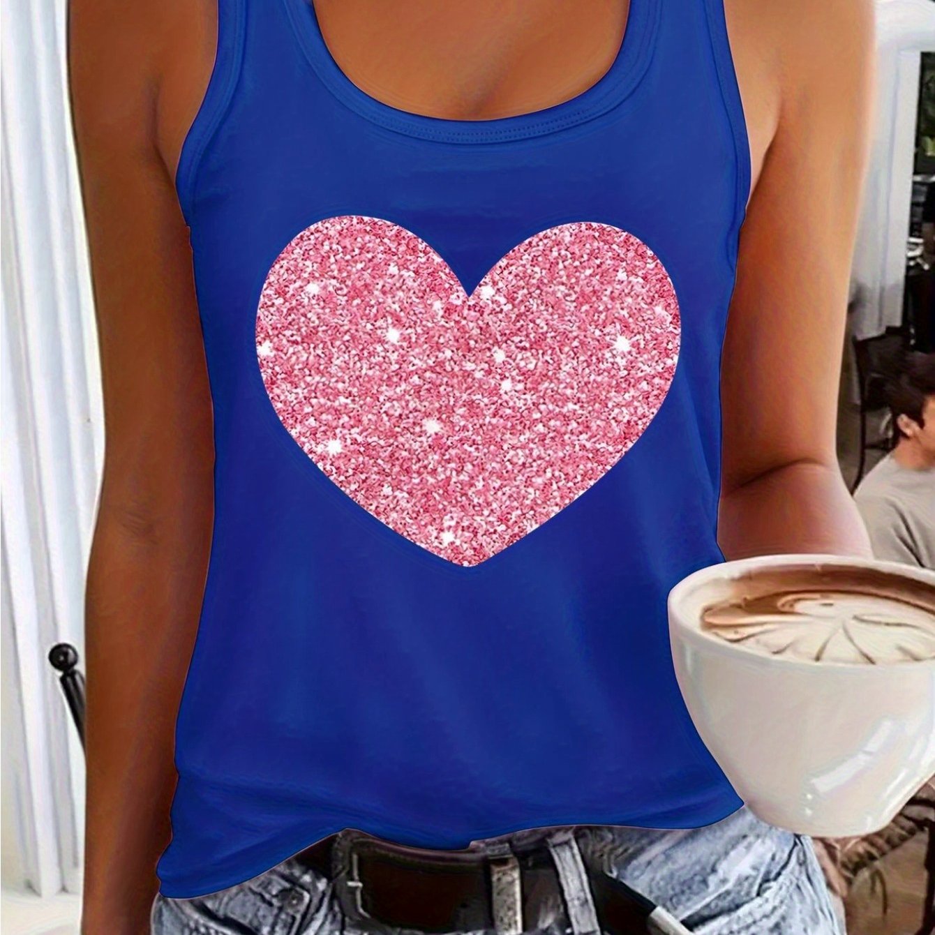 1pc Women's Pink Sleeveless Vest, Sparkling Red Heart And Star Print, Printed Pattern, Non Sequined - Casual Summer And Spring Top, Round Neck, Machine Washable Comfortable Fabric