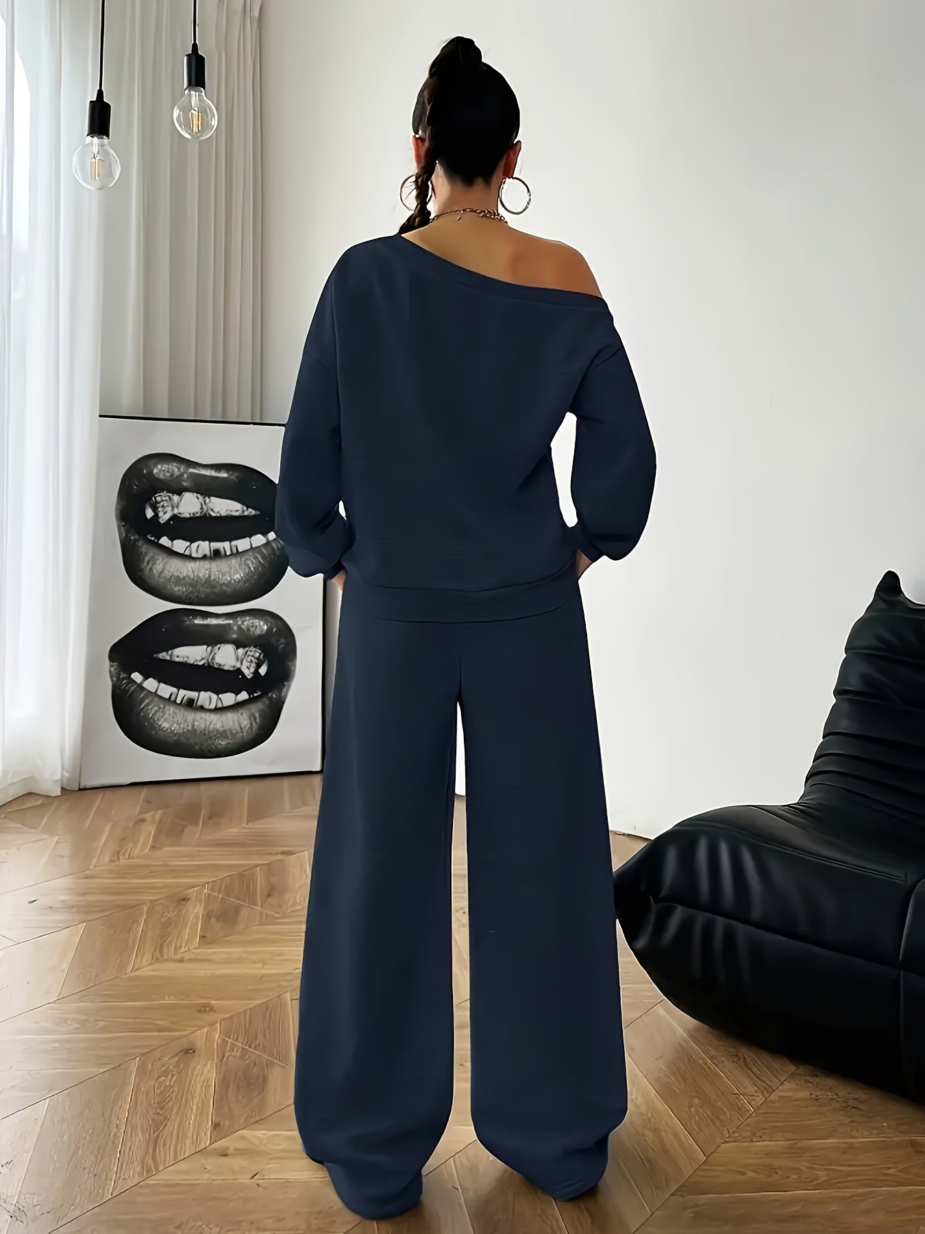 New Women's Two-Piece Set: Fashion Casual Thickened Loose Round Neck Minimalist Digital Print T-Shirt & Pants with Off-Shoulder Sweatshirt + Lace Drawstring Long Joggers