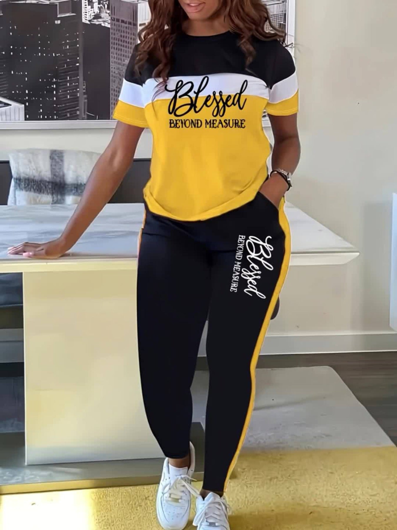 Womens Two Piece Set Blessed Pattern T Shirt And Pants