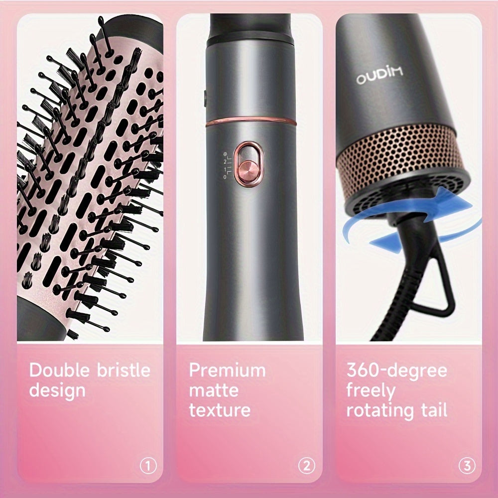 5-in-1 Hot Air Comb Set with Negative Ion Technology - Hair Dryer, Massage Straightening Comb, Round Curling Iron & Oval Styling Comb, Interchangeable Heads