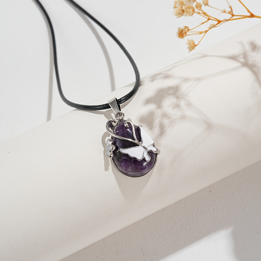 Gemstone Bracelet and Amethyst Butterfly Pendant Necklace Jewelry Set
