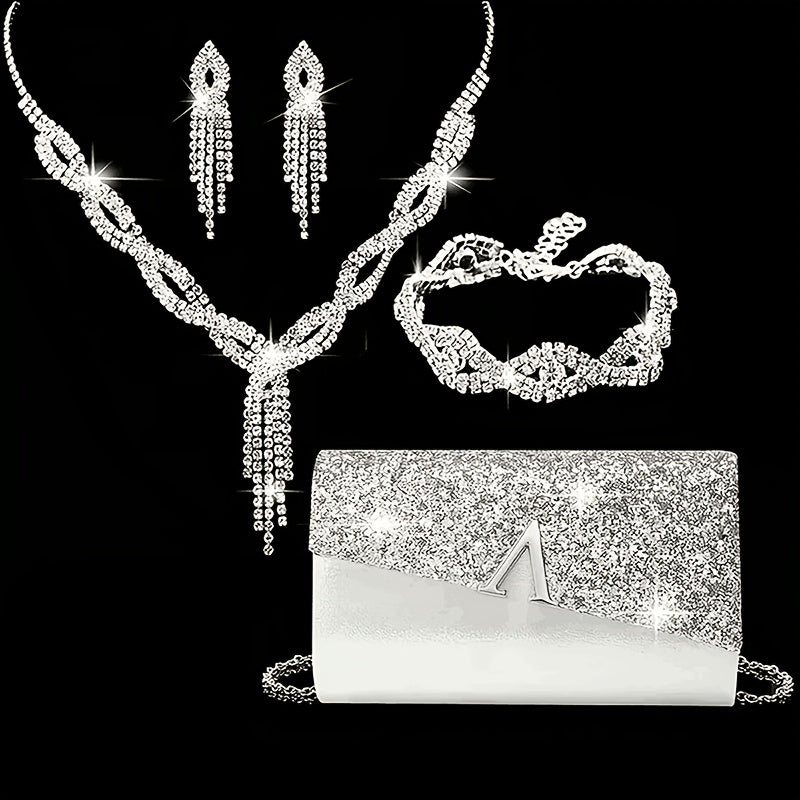 Women's Luxury Rhinestone Clutch Evening Bag with Jewelry Set