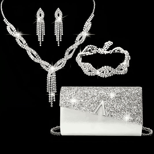 Women's Luxury Rhinestone Clutch Evening Bag with Jewelry Set