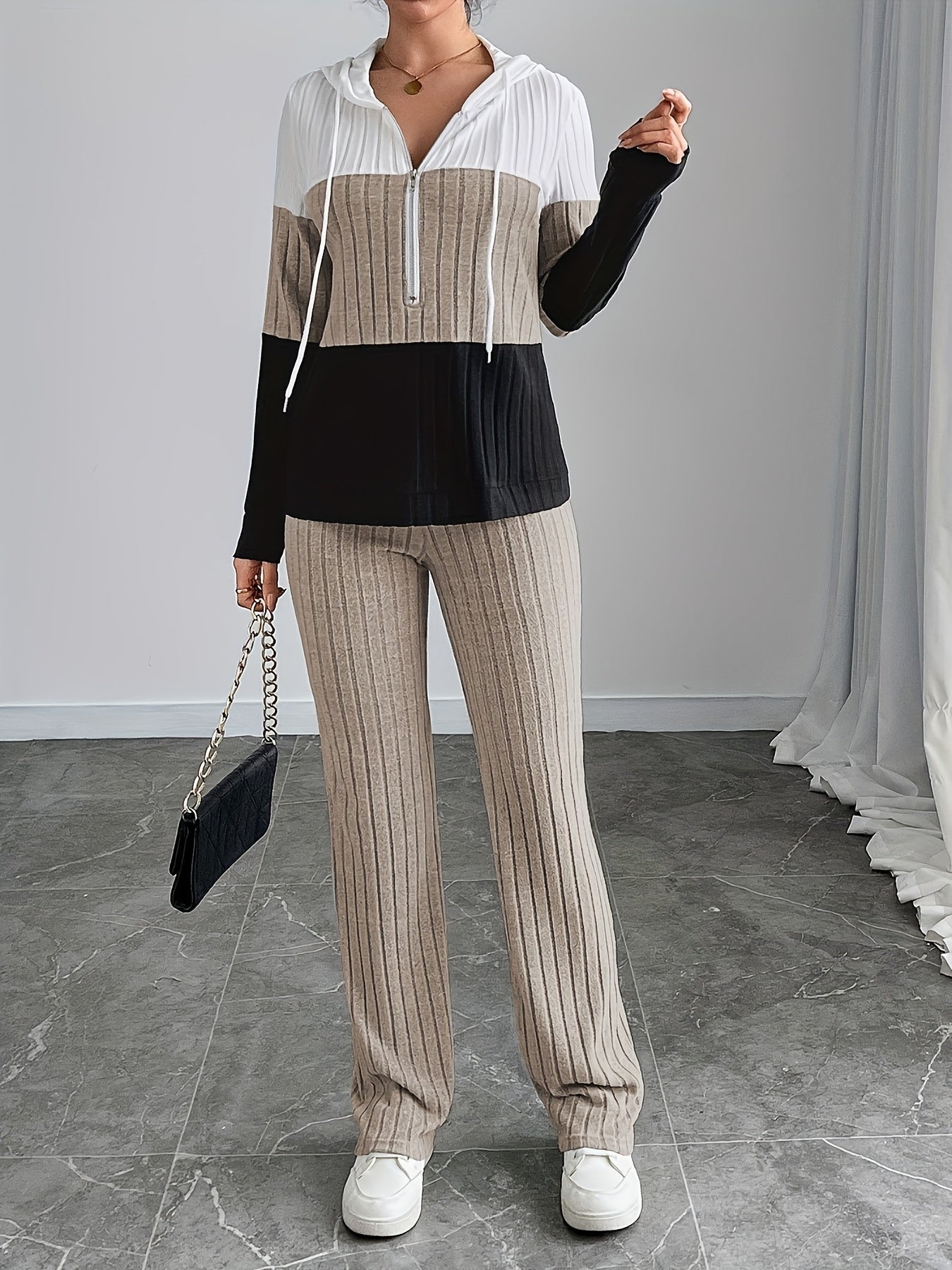 Women'S High-Waisted, Floor-Length Wide-Leg Pants Set with a Stylish And Casual Zip-Up Knit Design.
