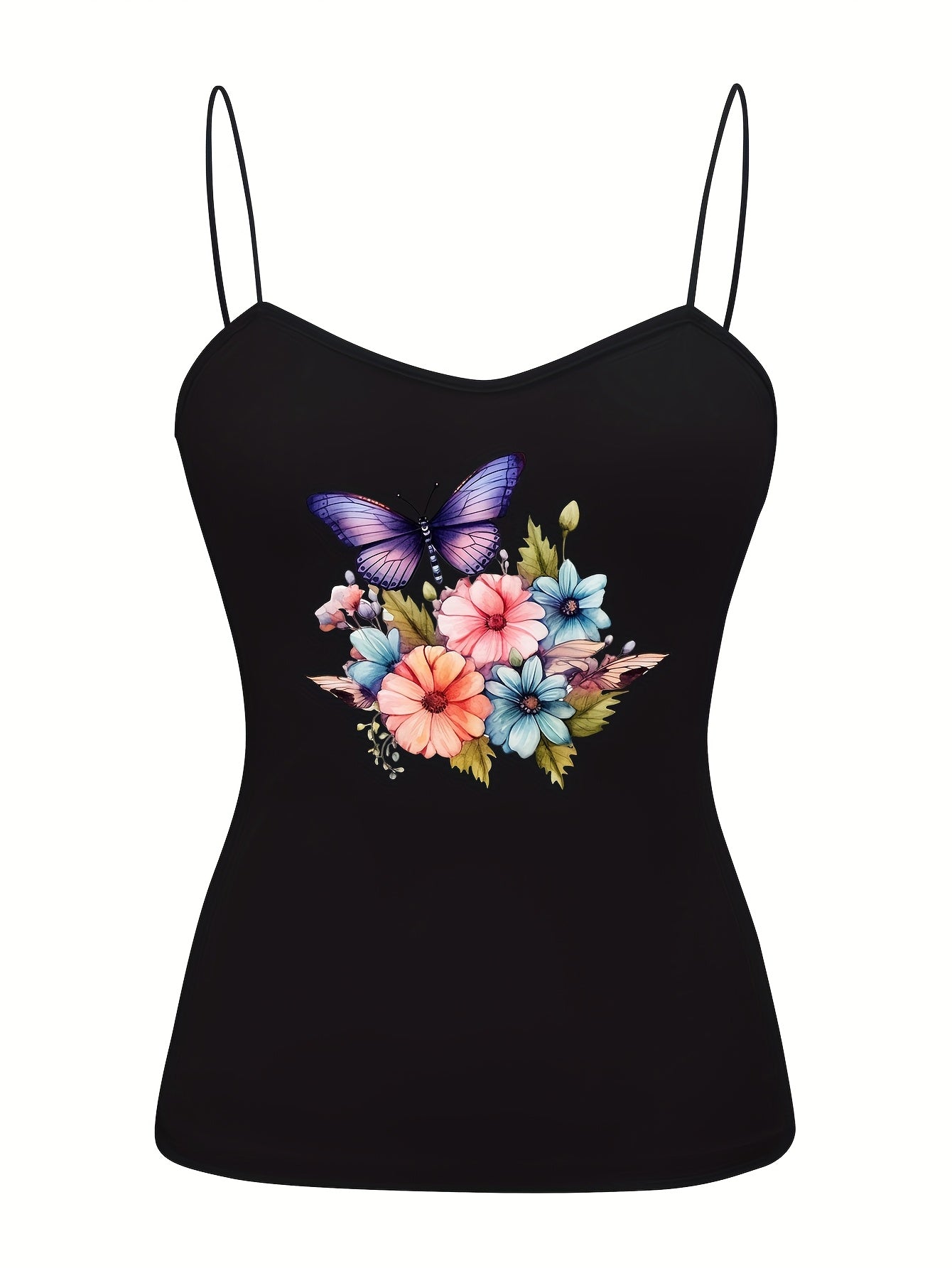 Butterfly Floral Spaghetti Strap Tops for Women Semi Sheer