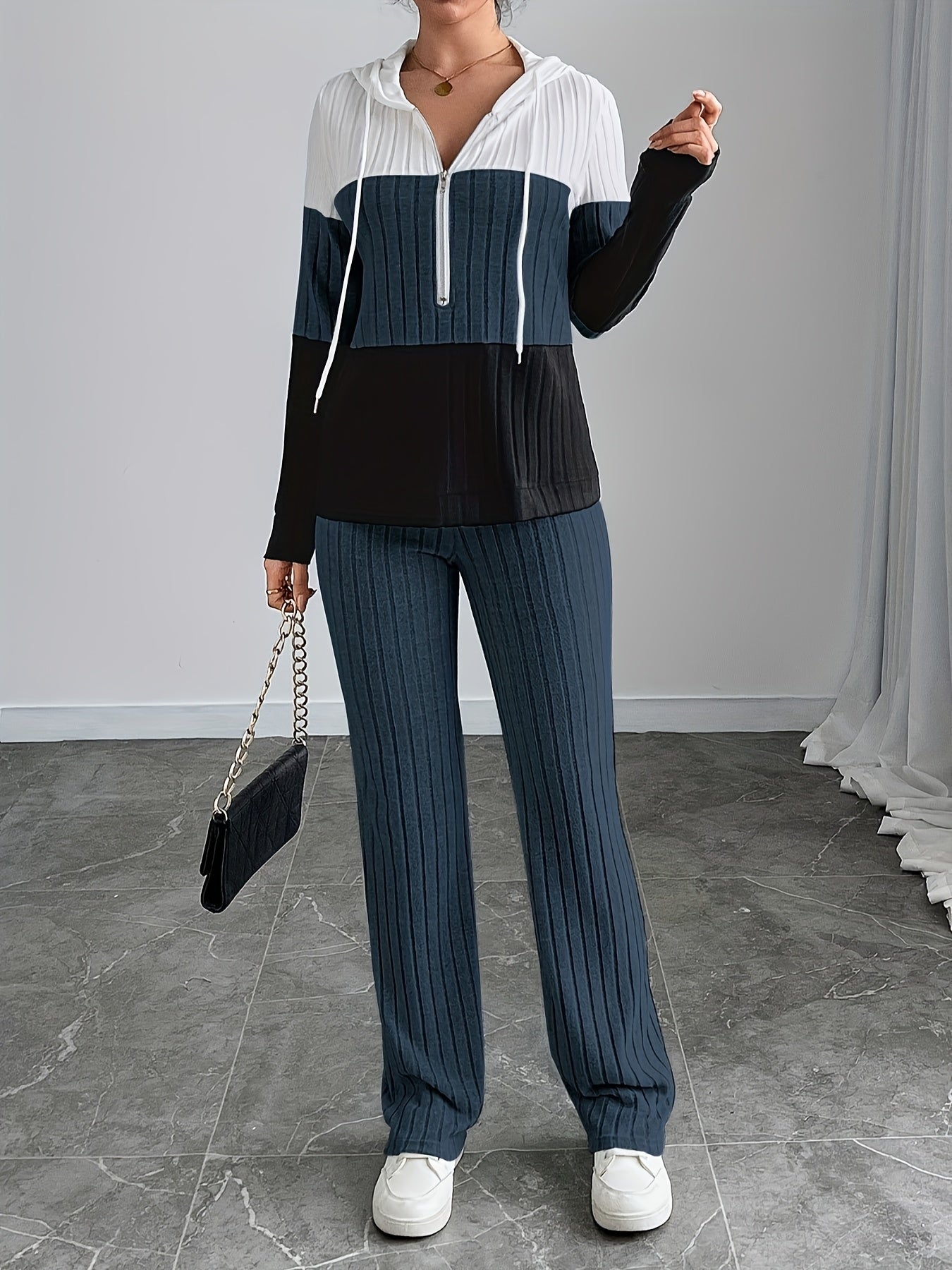 Women'S High-Waisted, Floor-Length Wide-Leg Pants Set with a Stylish And Casual Zip-Up Knit Design.