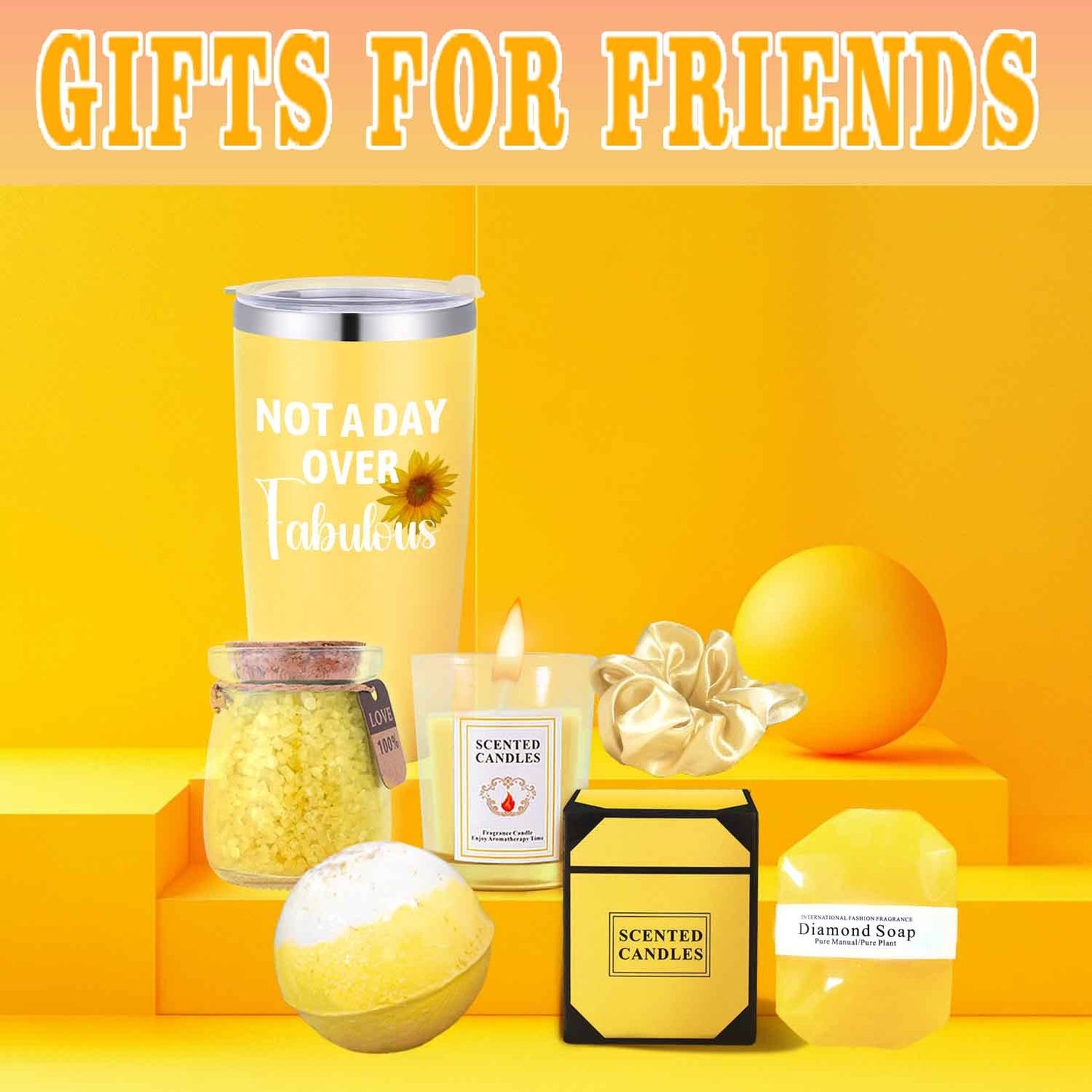 8pcs Fabulous Yellow Gift Set for Women - Includes Insulated Tumbler, Greeting Card, Hair Tie, Scented Candle, Bath Salts, Bath Bomb, Soap, and Elegant Gift Box - Perfect for Christmas & Thanksgiving, Gift Set, Scented Candle