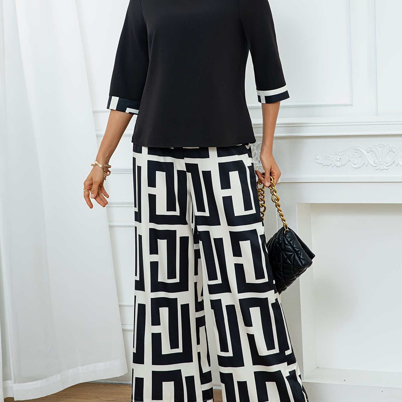 Women'S Elegant Patchwork Round Neck Top + Geometric Print Wide Leg Pants Two Piece Set, Polyester, All-Season, with Fake Drawstring Detail