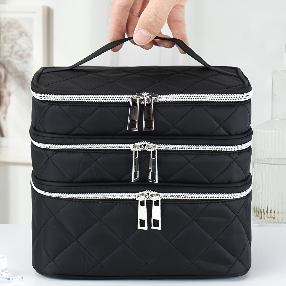 Stylish Large Capacity Diamond Cosmetic Bag Three Layers