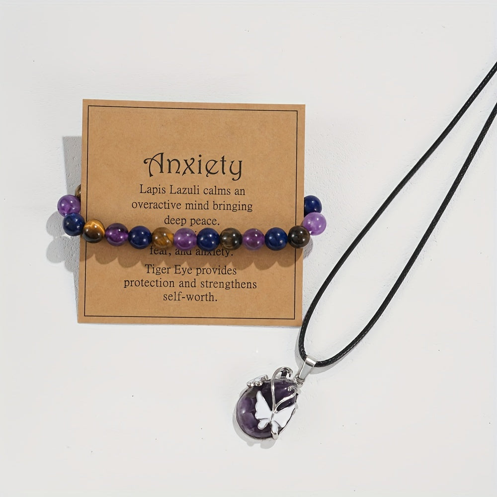 Gemstone Bracelet and Amethyst Butterfly Pendant Necklace Jewelry Set