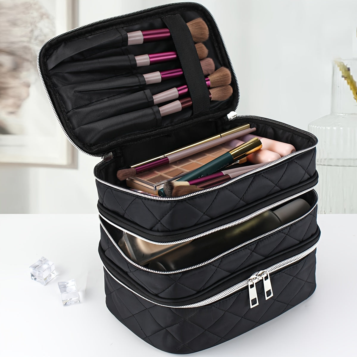 Stylish Large Capacity Diamond Cosmetic Bag Three Layers