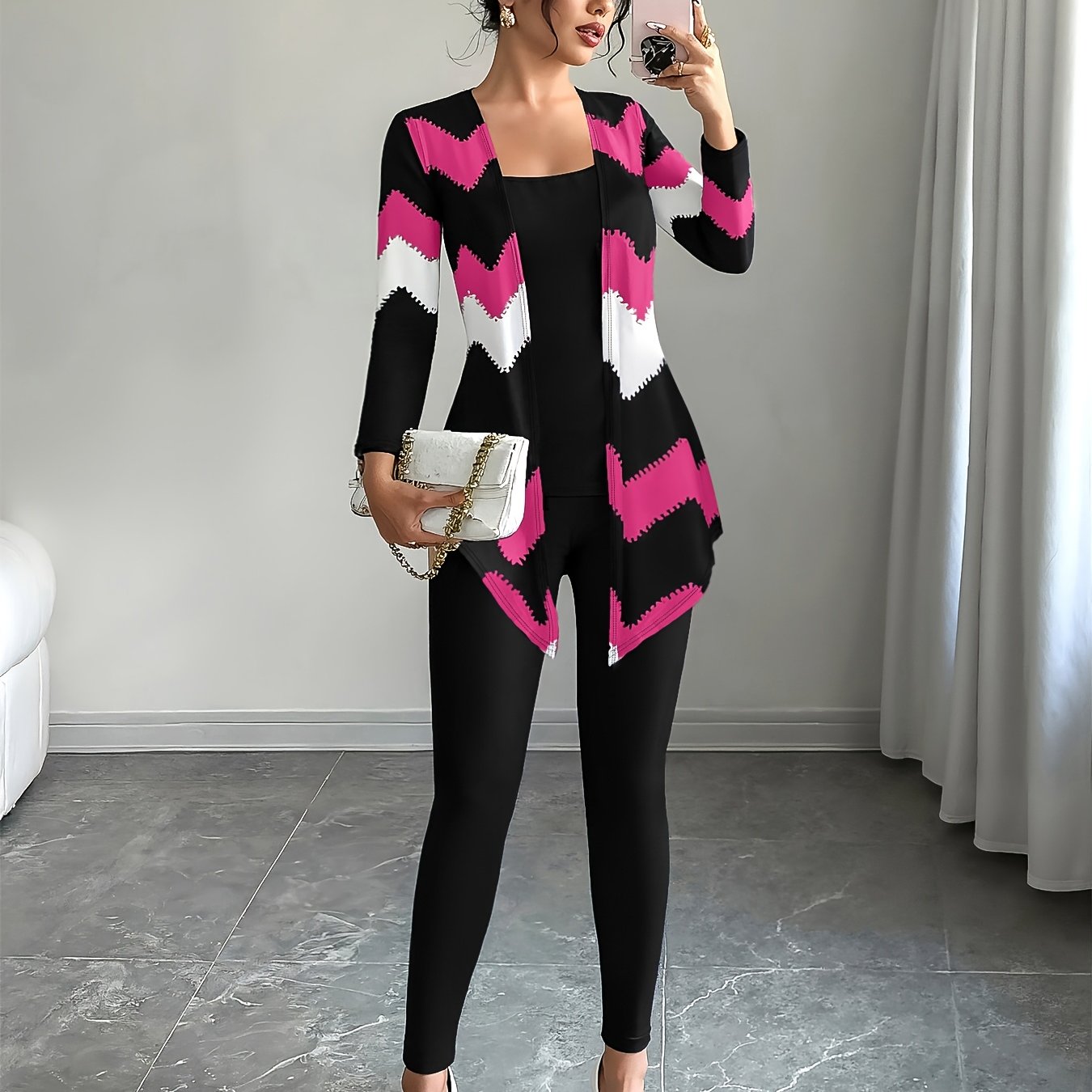 Casual Women Set With Camisole Leggings Chevron Cardigan