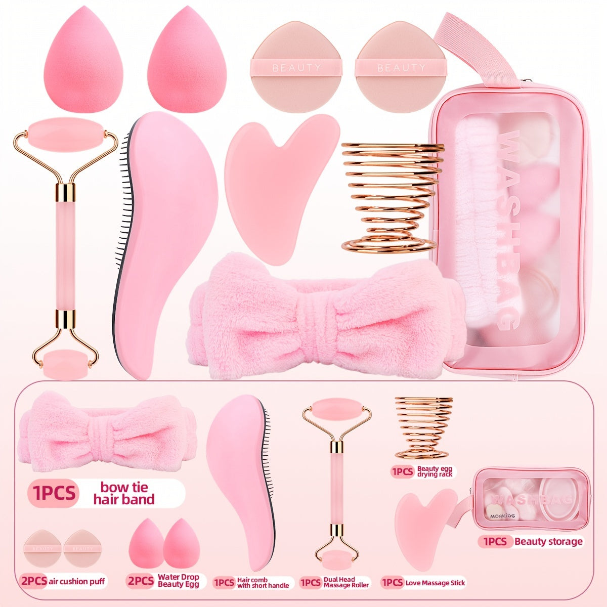 10 Piece Beauty Facial Care Set With Pink Roller Gua Sha