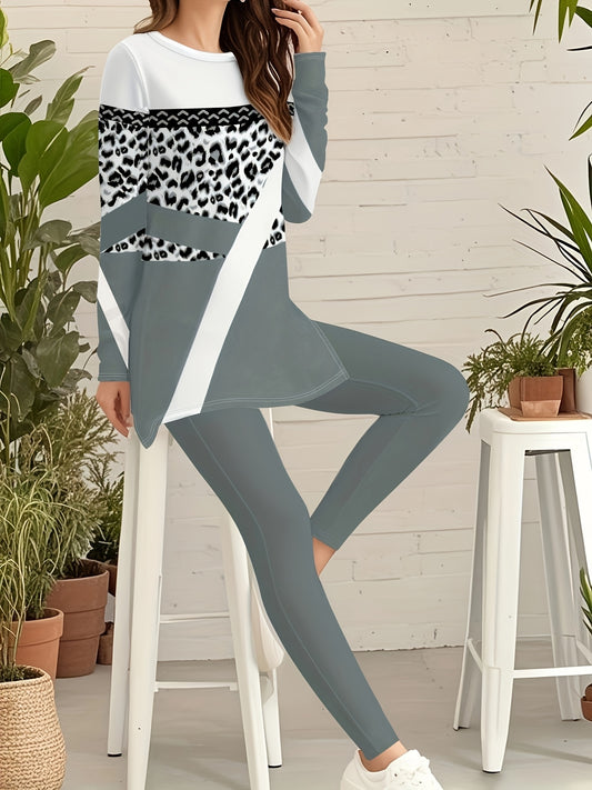 A Beautiful Women'S Outfit Featuring Geometric Patterns And Leopard Print Elements, Including a Stylish Long-Sleeve Top with Side Slits And 9-Point Fitted Pants, Perfect for Autumn.