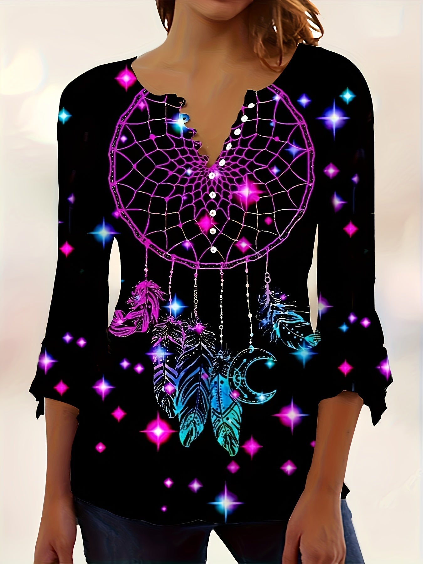 Boho V Neck Tee With Button Detail And Asymmetrical Sleeve