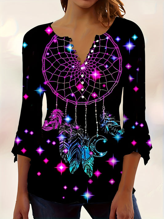 Boho V Neck Tee With Button Detail And Asymmetrical Sleeve