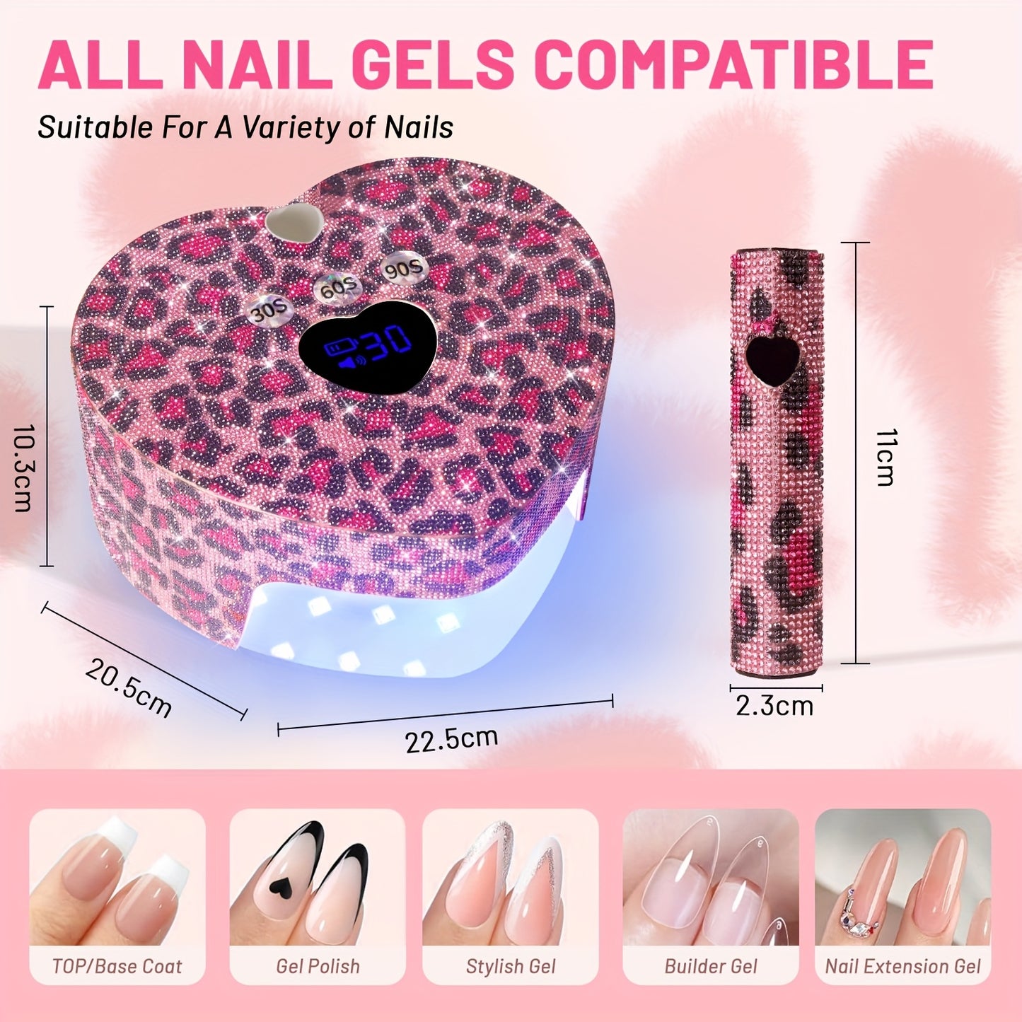 86W Cordless LED Nail Lamp with A Handheld Nail Lamp, 4 Timer Setting Touch Control & Auto Sensor for Gel Nail Polish with Sparkling Nail Rhinestones, with Heart Shape