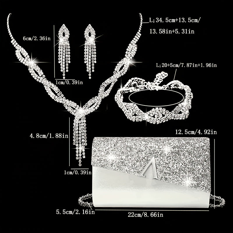 Women's Luxury Rhinestone Clutch Evening Bag with Jewelry Set