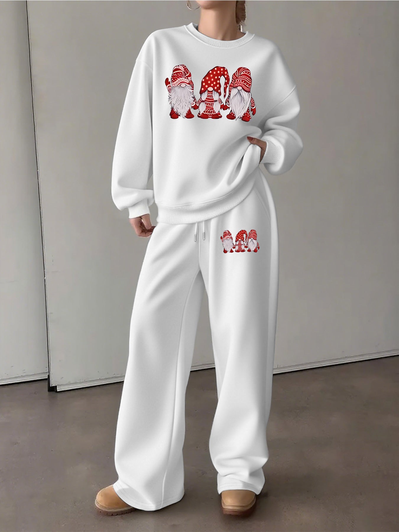 Women'S Cozy Fleece-Lined Sweatshirt and Pants Set - Casual Crew Neck, Long Sleeve, Drawstring Waist, with Red & Santa Hat Print, Perfect for Fall/Winter, Winter Clothing | Casual Style | Fleece Lined Sweatshirt