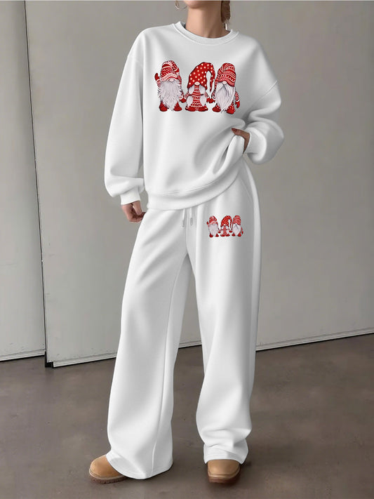 Women'S Cozy Fleece-Lined Sweatshirt and Pants Set - Casual Crew Neck, Long Sleeve, Drawstring Waist, with Red & Santa Hat Print, Perfect for Fall/Winter, Winter Clothing | Casual Style | Fleece Lined Sweatshirt