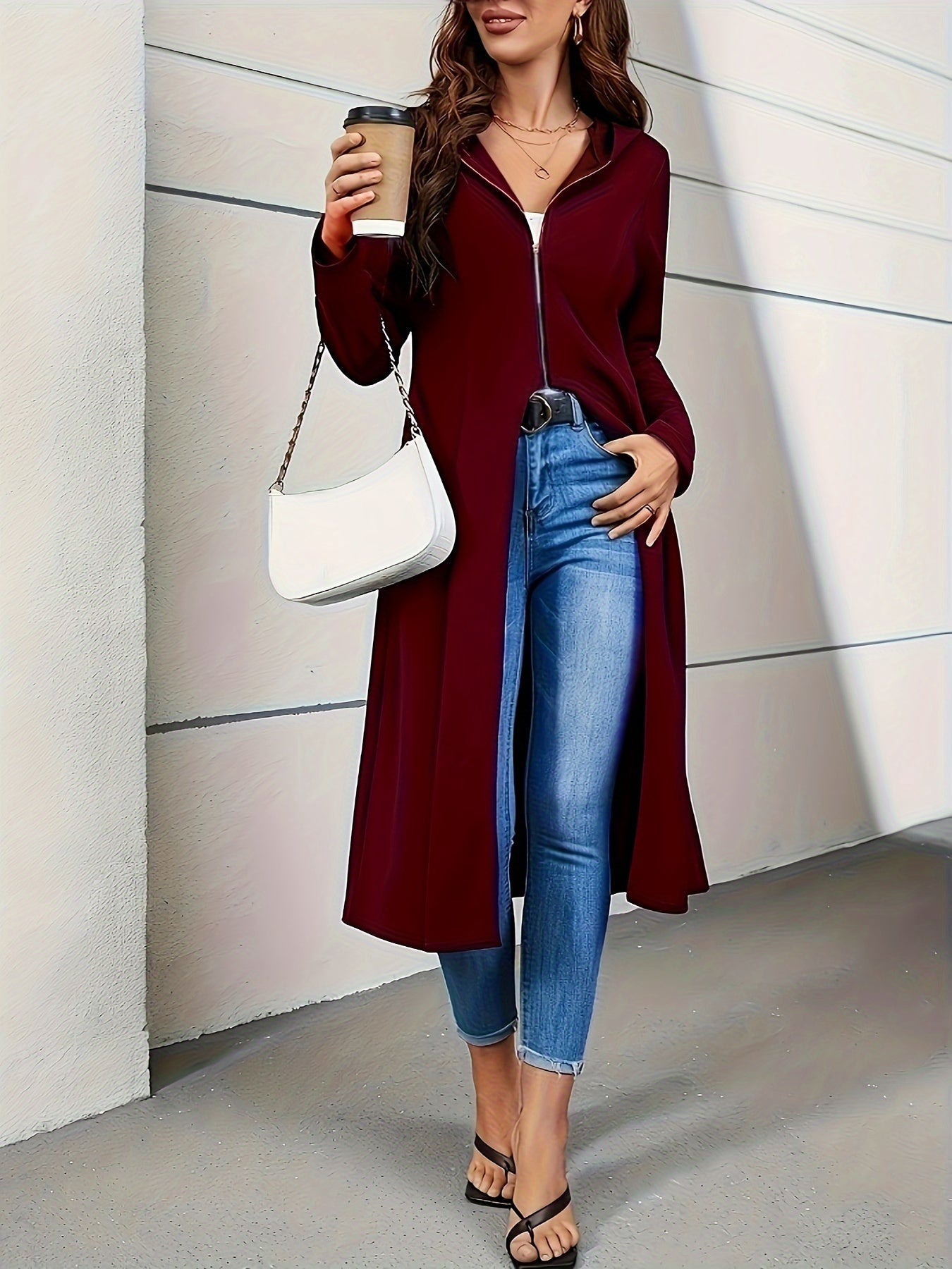 Women'S Long Sleeve Zip Hoodie Jacket - Solid Color, Polyester, Casual Elegant Fall/Winter Coat with Zipper Detail