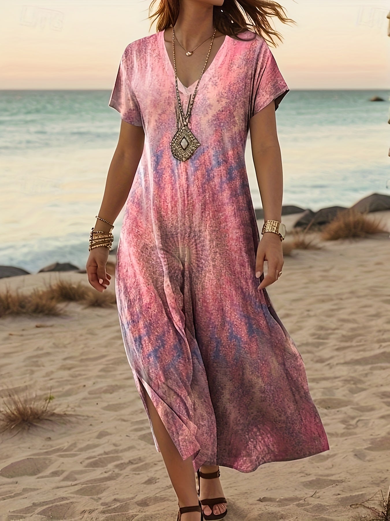 Vibrant Tie-Dye V-Neck Beach Dress with Side Slit