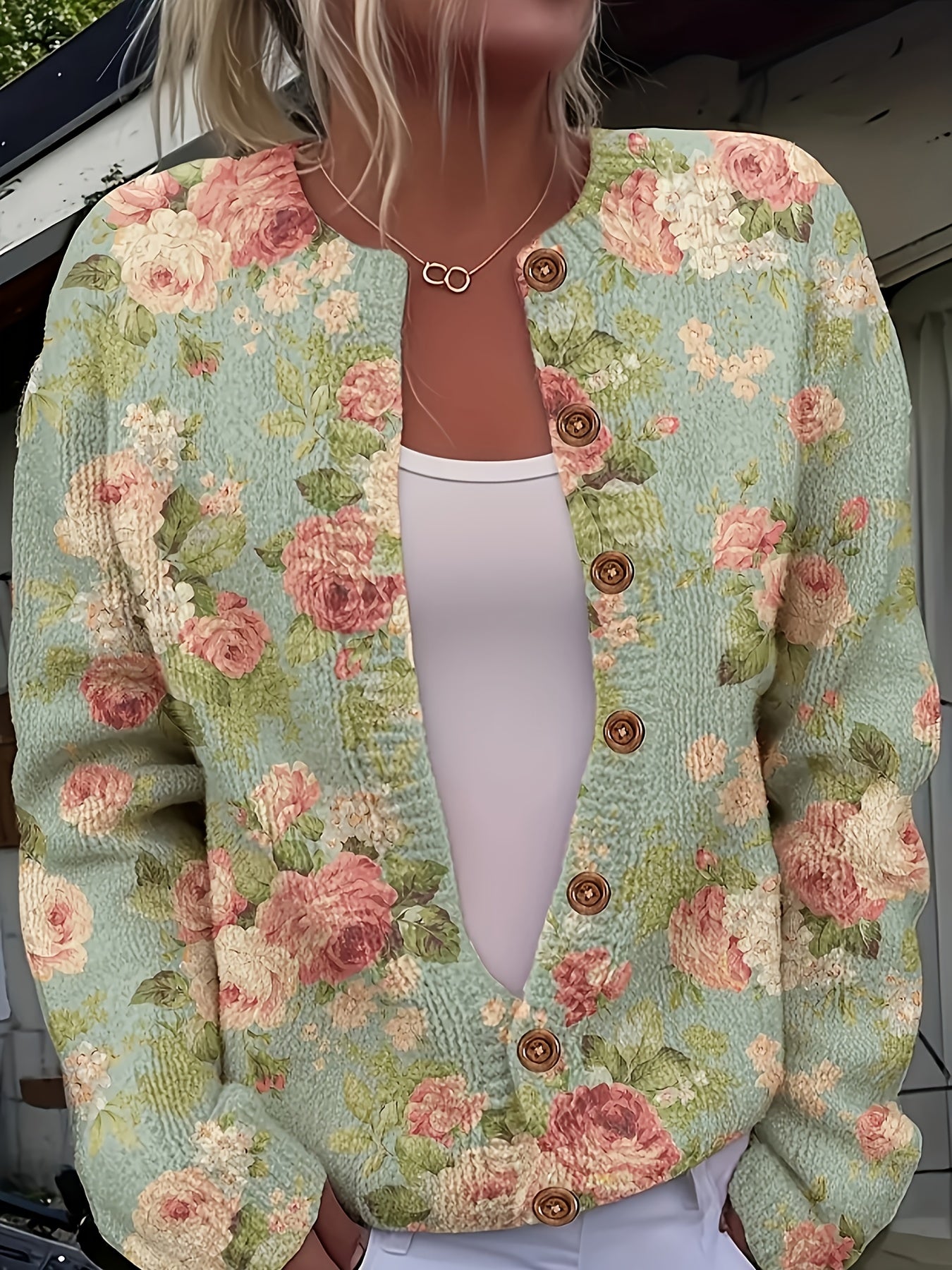 Womens Casual Printed Button Front Lightweight Knit Cardigan