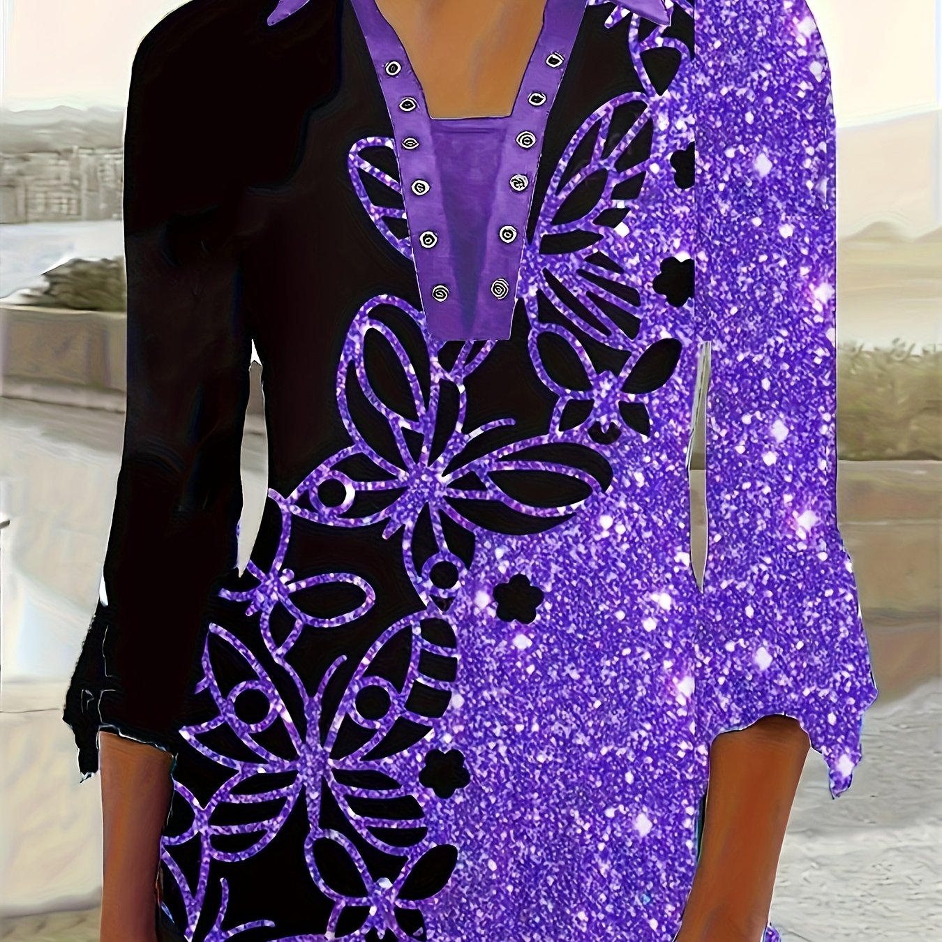 Women Floral Glitter Button Up Collared Long Sleeve Top