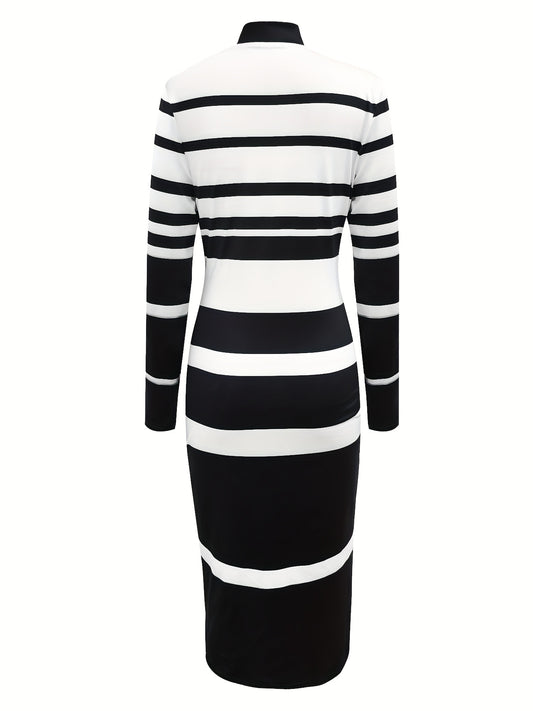 Stripe Stretchy Bodycon Dress With Zipper Crew Neck