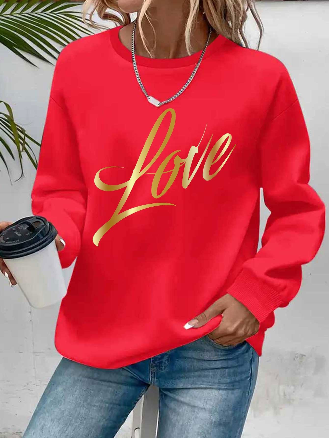 Casual Crew Neck Sweatshirt With Love Letter Graphic Print