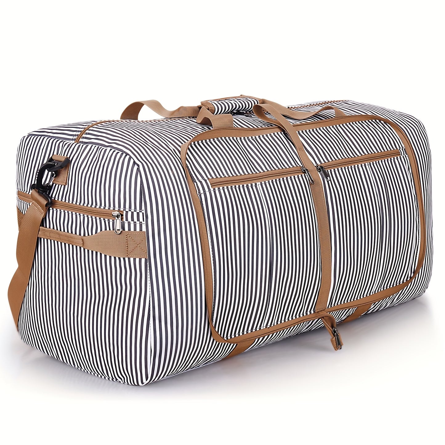 [Large Foldable Duffel Bag] 31.7 Gallon Large Foldable Duffel Bag | Durable Sporty Unisex Weekend Getaway Bag with Shoe Compartment, Multi-Pocket Organizer, Black & White Striped Design, Easy Care, Sturdy Handles & Adjustable